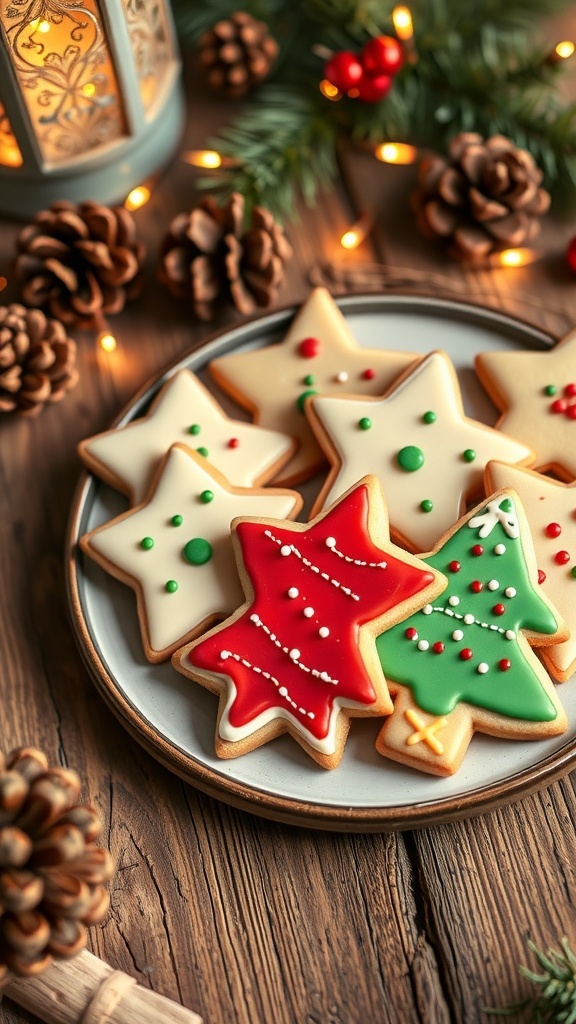 A plate of decorated vanilla sugar cookies in festive shapes, surrounded by Christmas decorations.